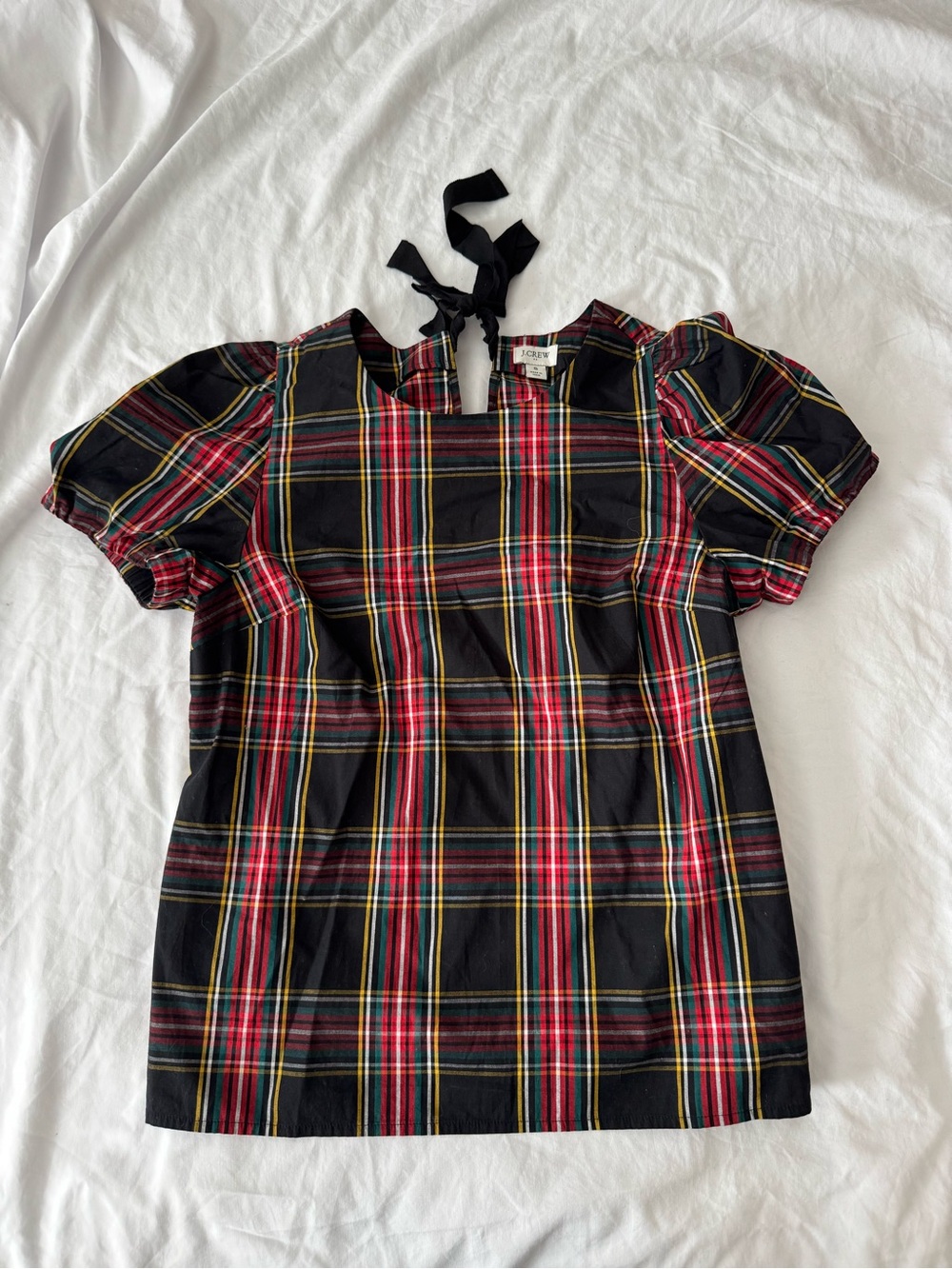 J. Crew Black Red Plaid Puff-Sleeve Tie-Neck Blouse